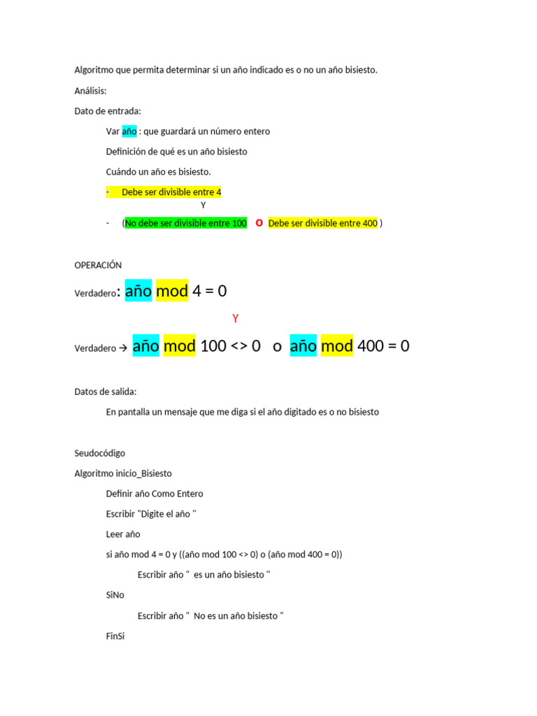 Algoritmo para determinar año bisiesto | PDF