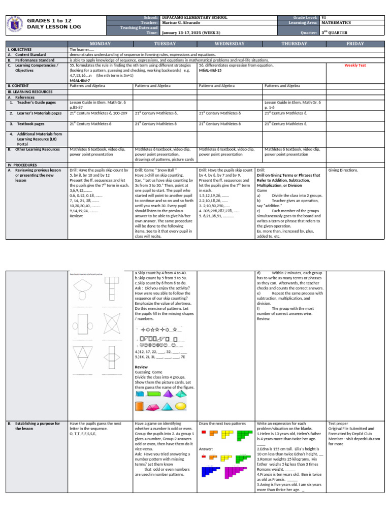 Grade 6 Math Daily Lesson Plan | PDF | Equations | Mathematics