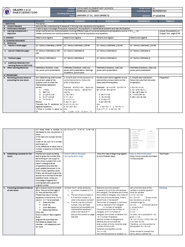Grade VI Math Lesson Plan: Algebra | PDF | Equations | Multiplication