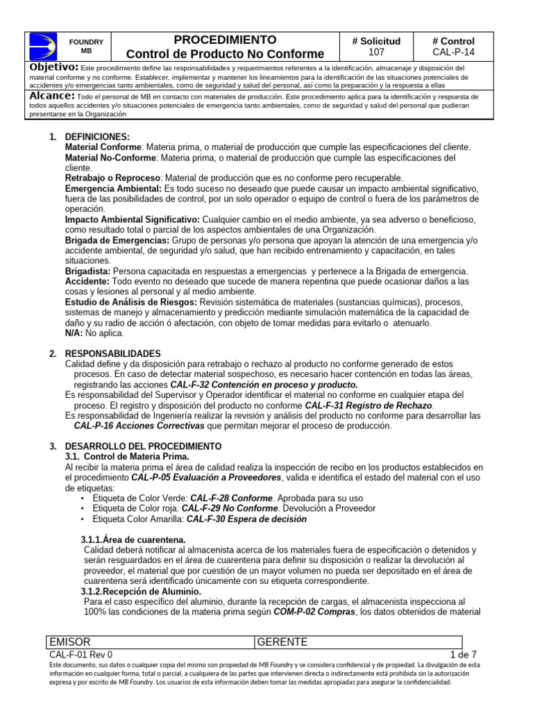 CAL-P-14 Control de Producto No Conforme Rev 0 | PDF | Riesgo | Gestión ...