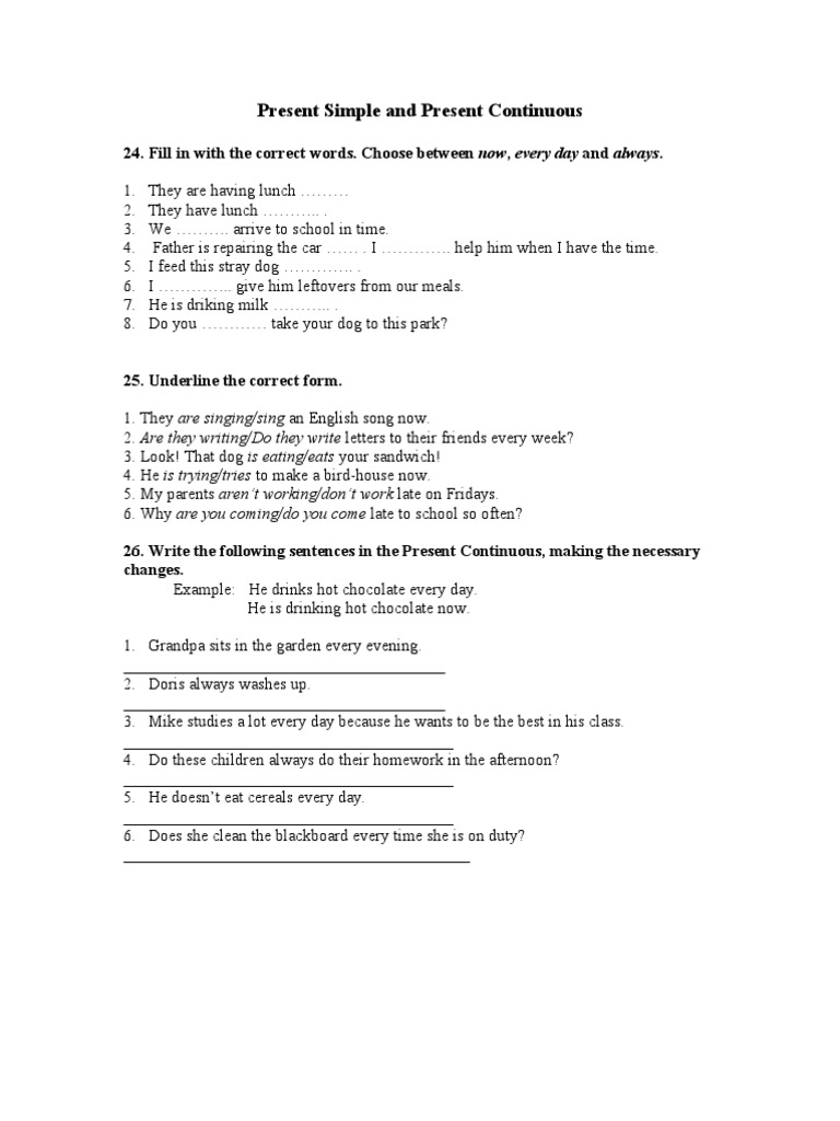 Present Simple vs. Present Continuous Exercises | PDF | Lunch | Syntax