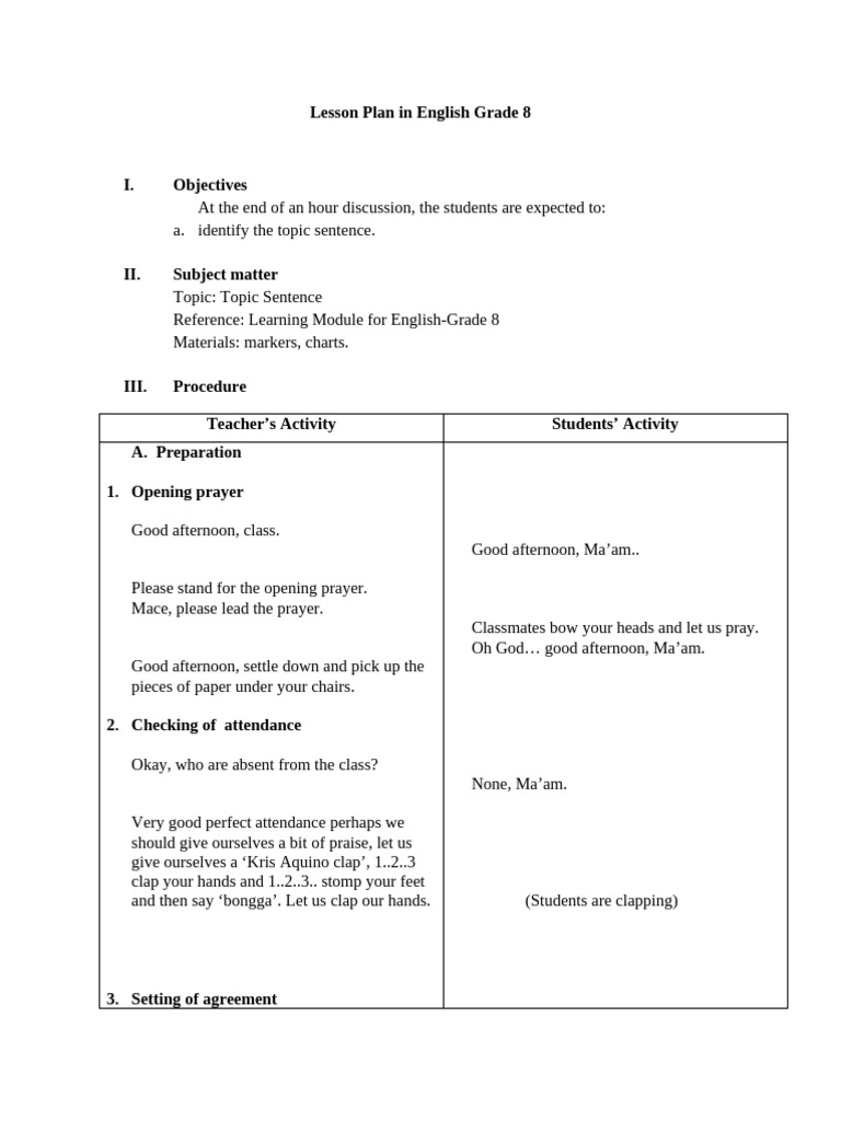 Grade 8 English: Topic Sentences | PDF