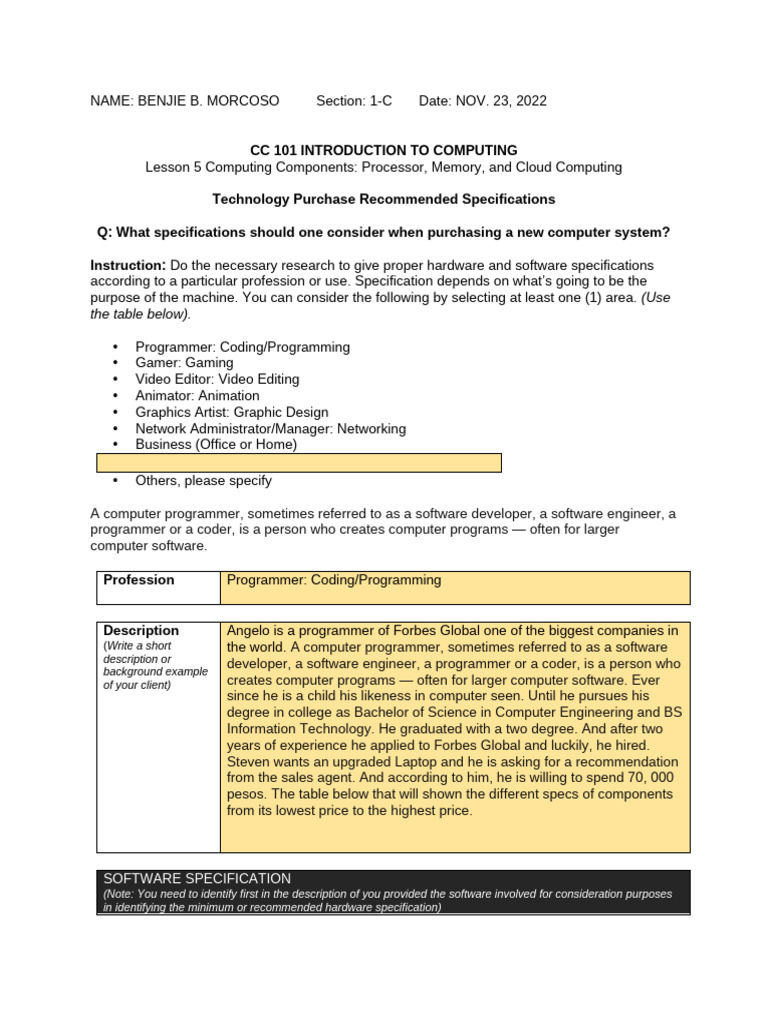 ACTIVITY 5.2 Technology Purchase Recommended Specifications | PDF ...