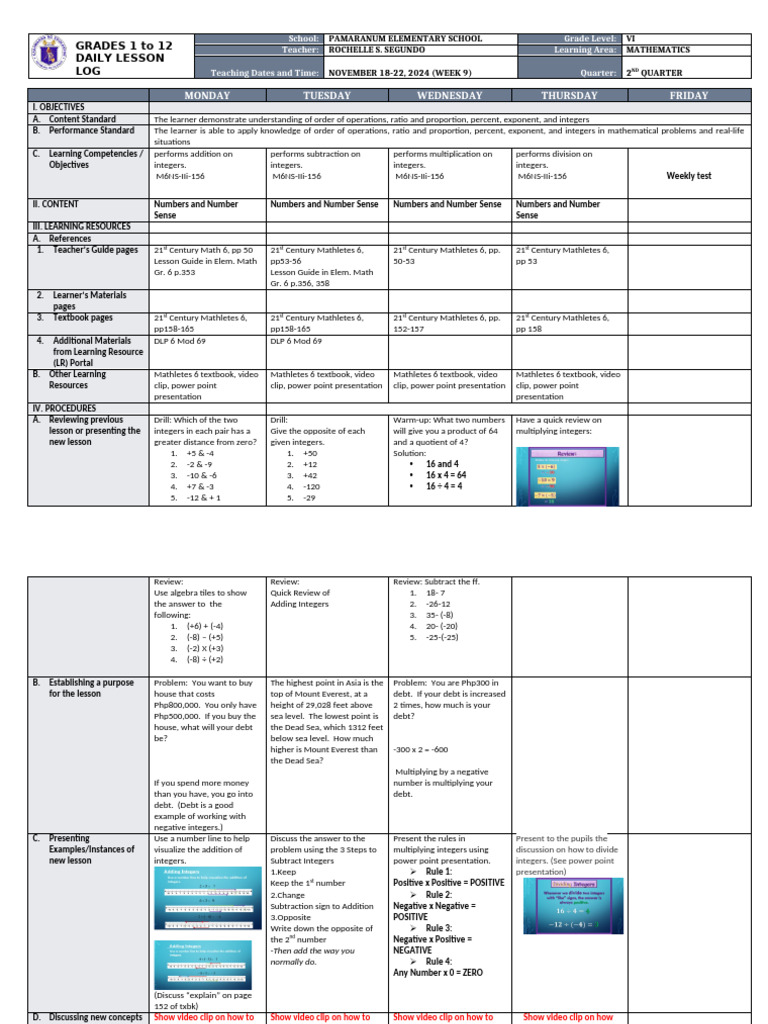 Grade 6 Math Lesson Plan: Integers | PDF | Subtraction | Multiplication