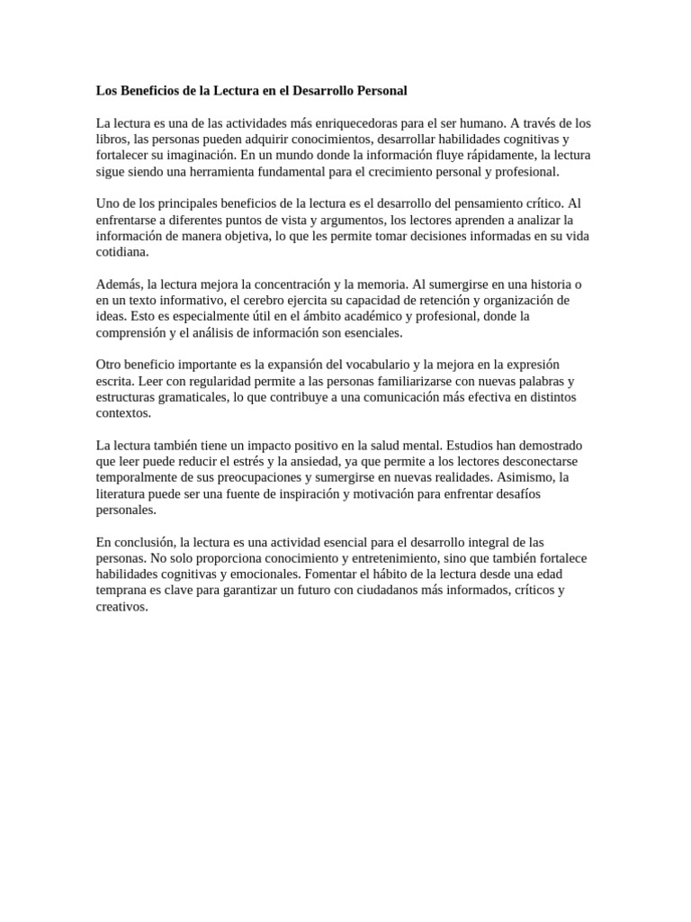 Los Beneficios de La Lectura en El Desarrollo Personal | PDF