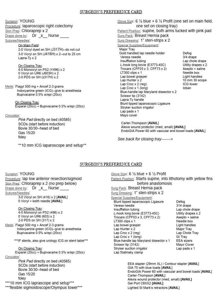 Surgeon Preference Card for Laparoscopic Procedures | PDF | Surgery ...