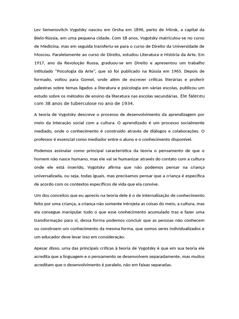 Teoria de Vygotsky: Aprendizagem Social e Cultura | PDF | Aprendizado ...