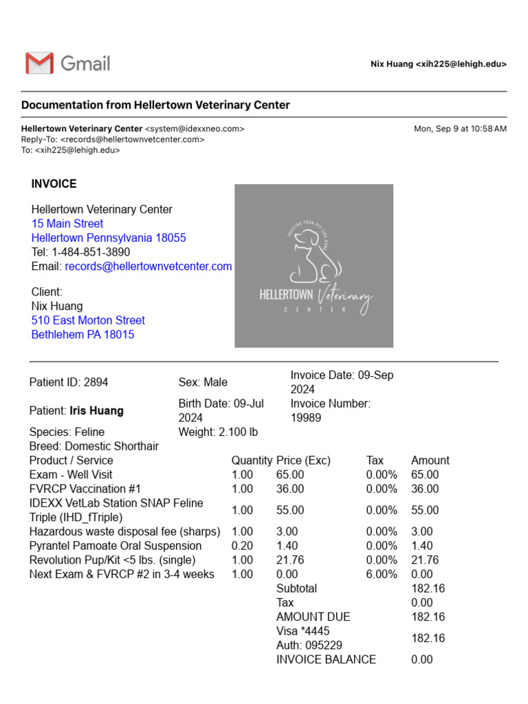 Documentation From Hellertown Veterinary Center | PDF