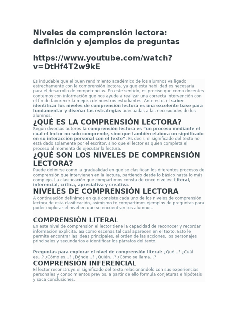 Niveles de Comprensión Lectora | PDF | Comprensión lectora | Aprendizaje