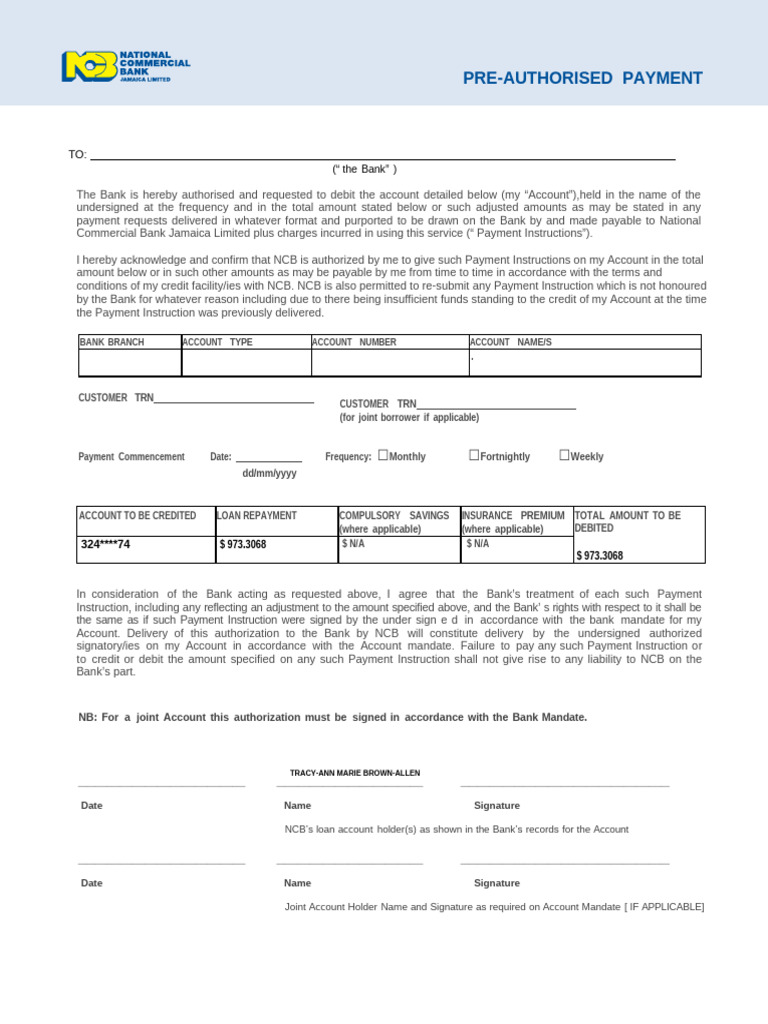 Pre-Authorized Payment Authorization Form | PDF | Banks | Credit