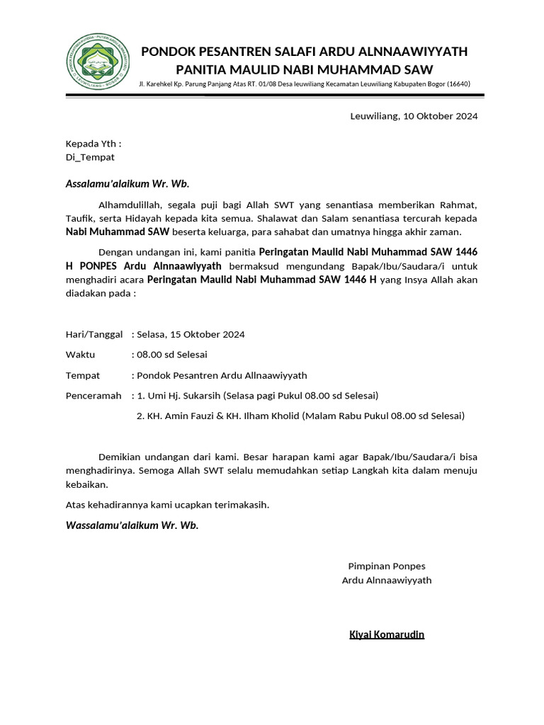 SURAT UNDANGAN MAULID PONDOK PESANTREN SALAFI ARDU ALNNAAWIYYATH PDF