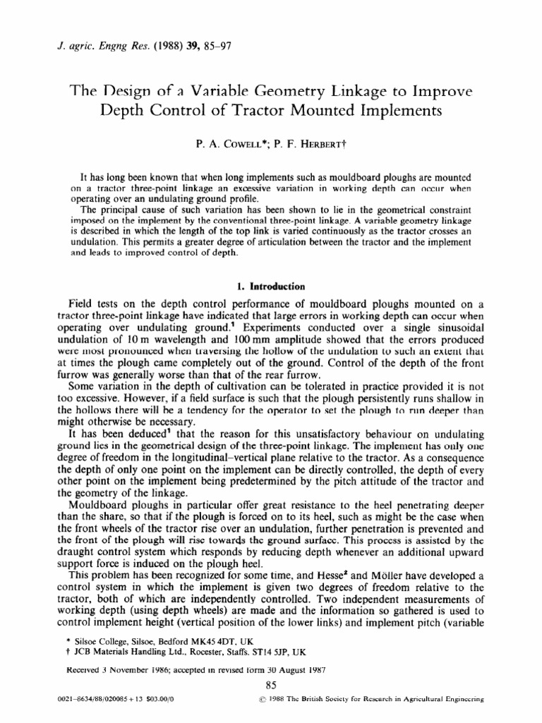 The Design of A Variable Geometry Linkage To Improve Depth Control of ...