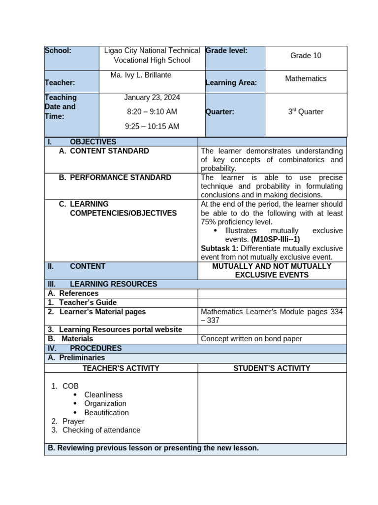 Lesson Plan January 23 2025 | PDF | Learning | Cognition