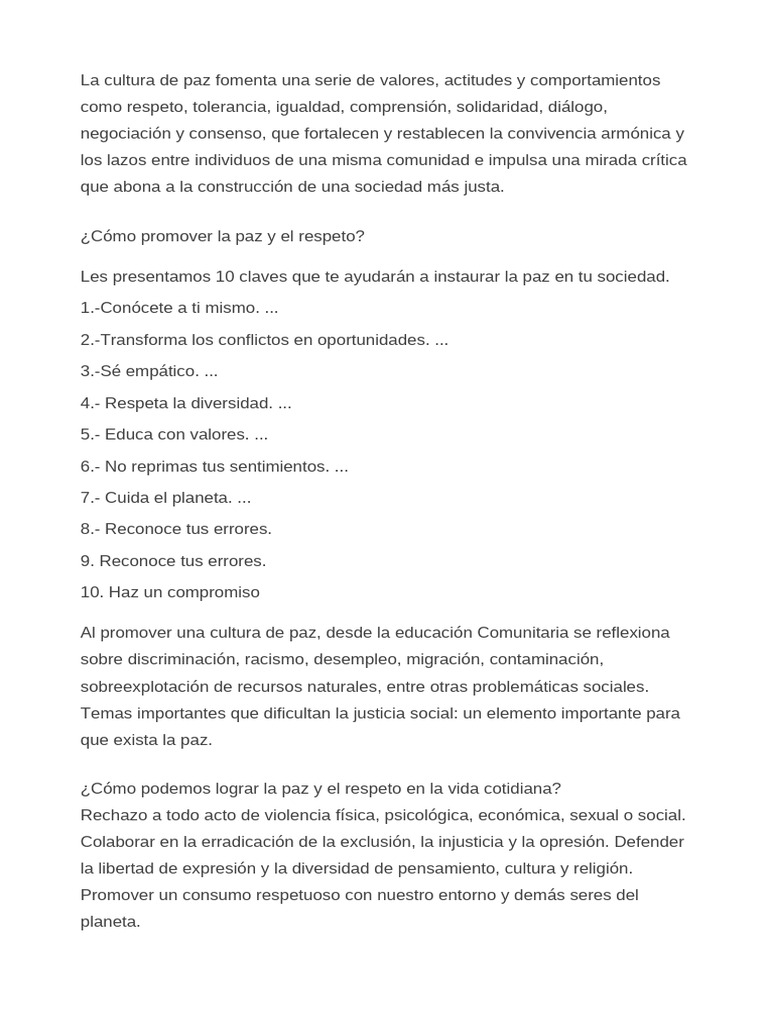 La Cultura de Paz Fomenta Una Serie de Valores | PDF