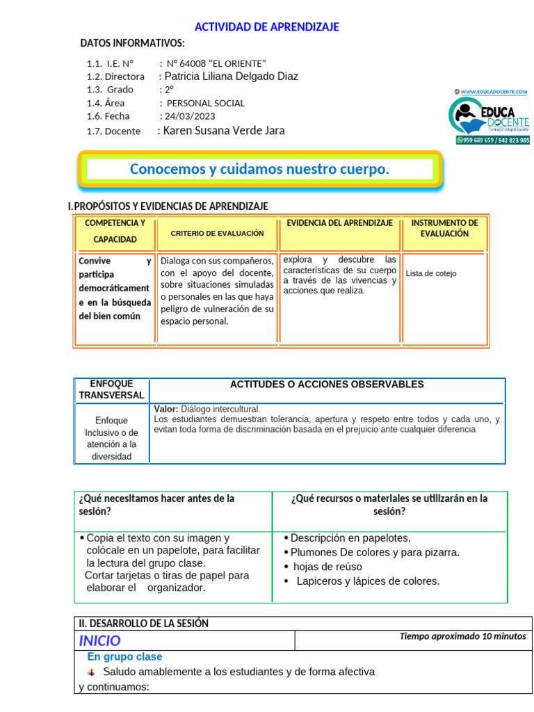 2 Sesion de Aprendizaje Personal Social | PDF | Aprendizaje ...
