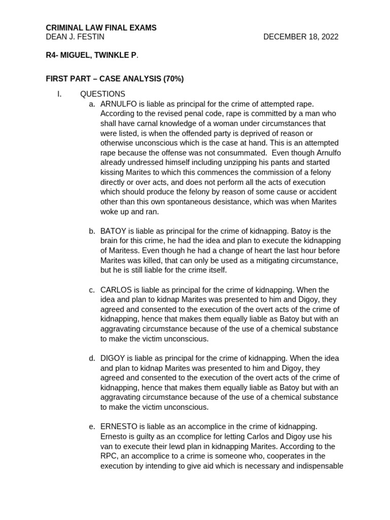 Criminal Law Case Analysis Exam Review | PDF | Common Law | Crime ...
