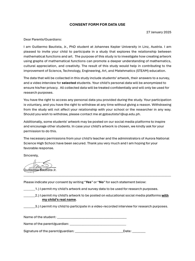 Consent Form Interview 2025 Parents | PDF