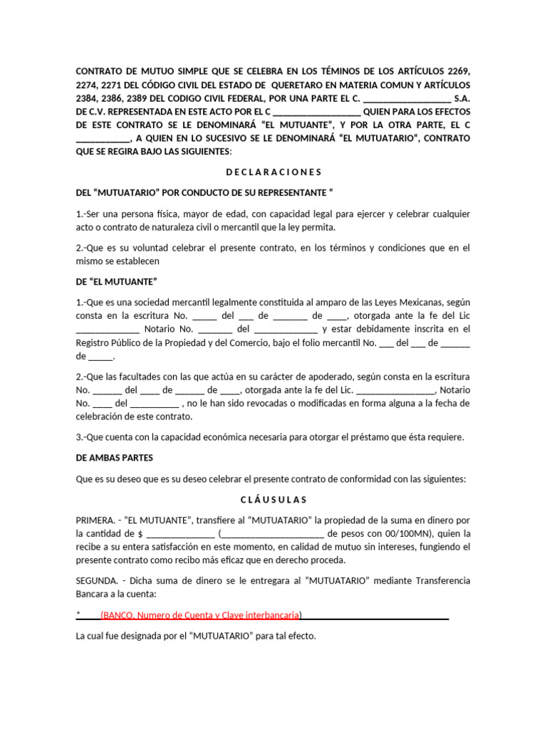 Contrato de Mutuo Simple en Querétaro | PDF