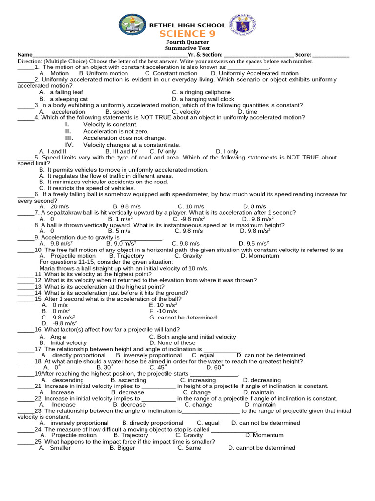 Science 9 Summative Test: Motion Concepts | PDF | Acceleration ...