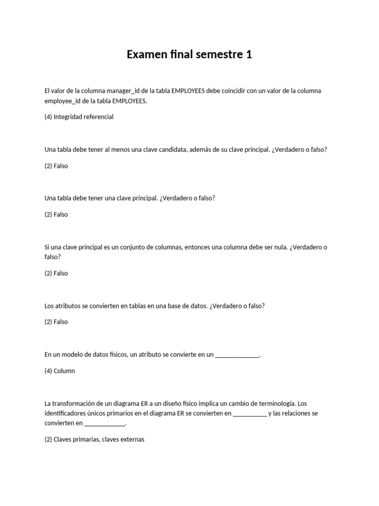 Examen Final de SQL y Bases de Datos | PDF | SQL | Modelo de datos