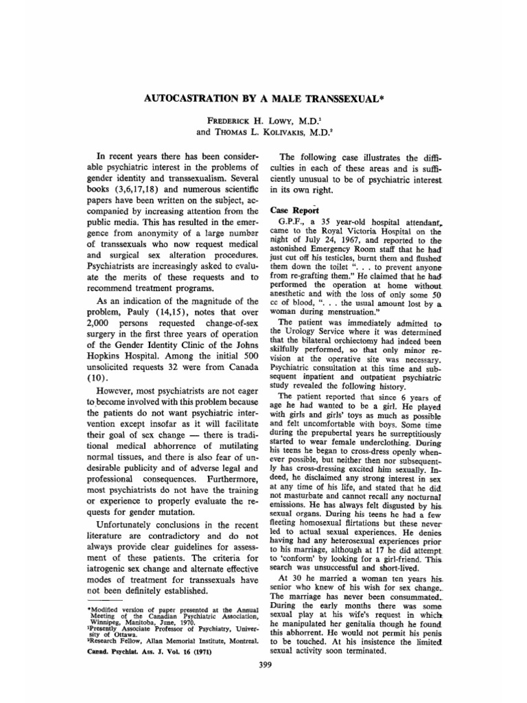 Autocastration by A Male Transsexual | PDF