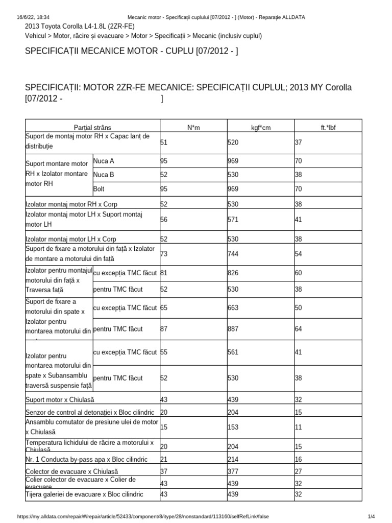 Specificații de Cuplu Pentru Motorul Corolla - Mecanic (07 - 2012 ...