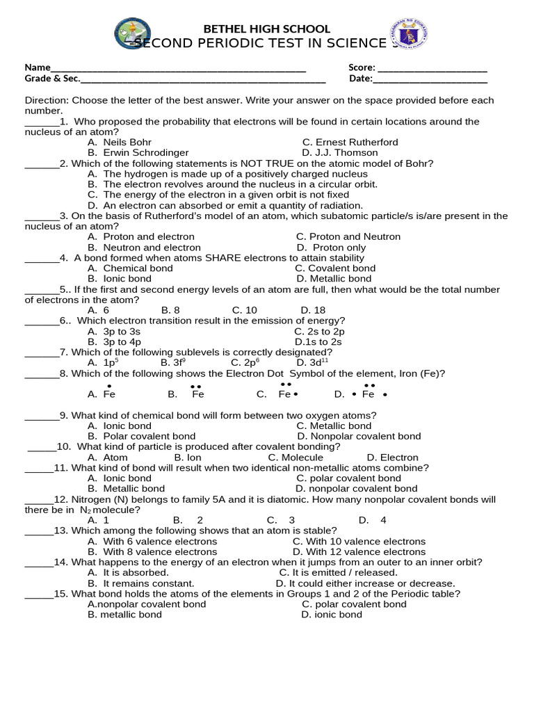 2nd Periodic Test in Science9 '23-'24 | PDF | Chemical Bond | Chemical ...