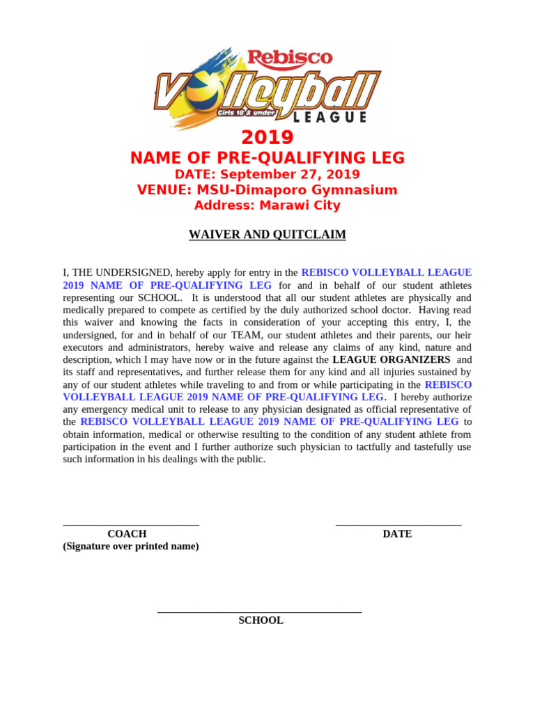 2019 Rebisco Volleyball League Waiver | PDF