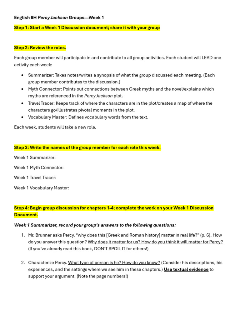 Percy Jackson Week 1 Group Activities | PDF | Metaphor