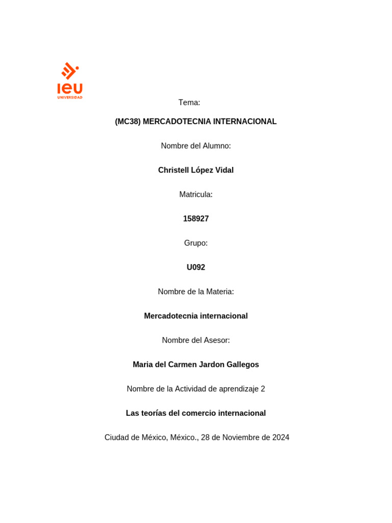 Actividad de Aprendizaje 2. Las Teorias Del Comercio Internacional | PDF