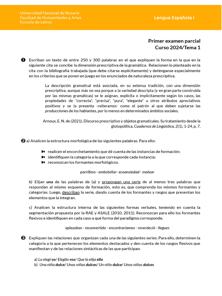 Examen Parcial de Lengua Española I 2024 | PDF | Gramática ...