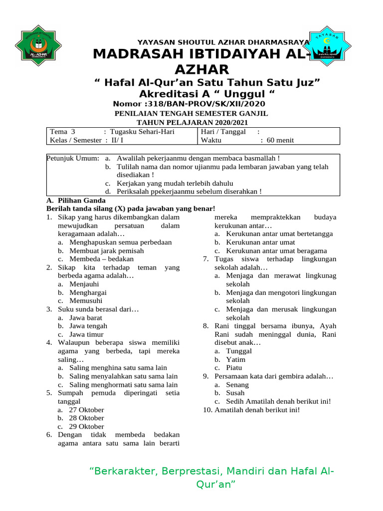 Penilaian Tengah Semester MI Al-Azhar | PDF