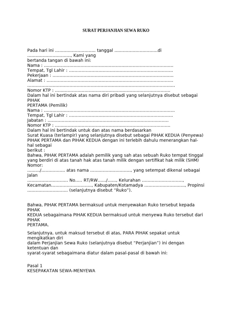 Surat Perjanjian Sewa Ruko Singkat | PDF