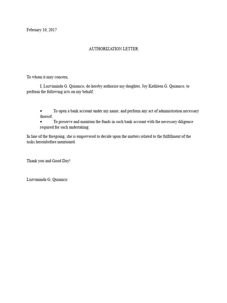 Sample Authorization Letter For Opening Bank Account | PDF