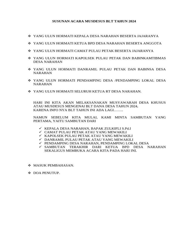 Susunan Acara Musdesus BLT Tahun 2024 | PDF