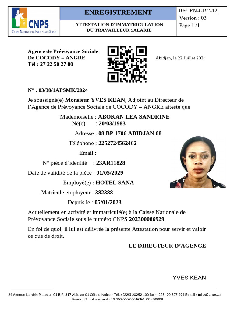 Attestation d'immatriculation CNPS 2024 | PDF