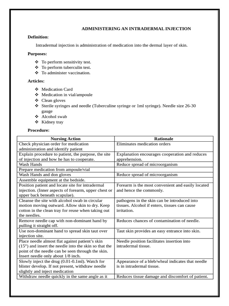 Administering Intradermal Injections Guide | PDF | Injection (Medicine ...