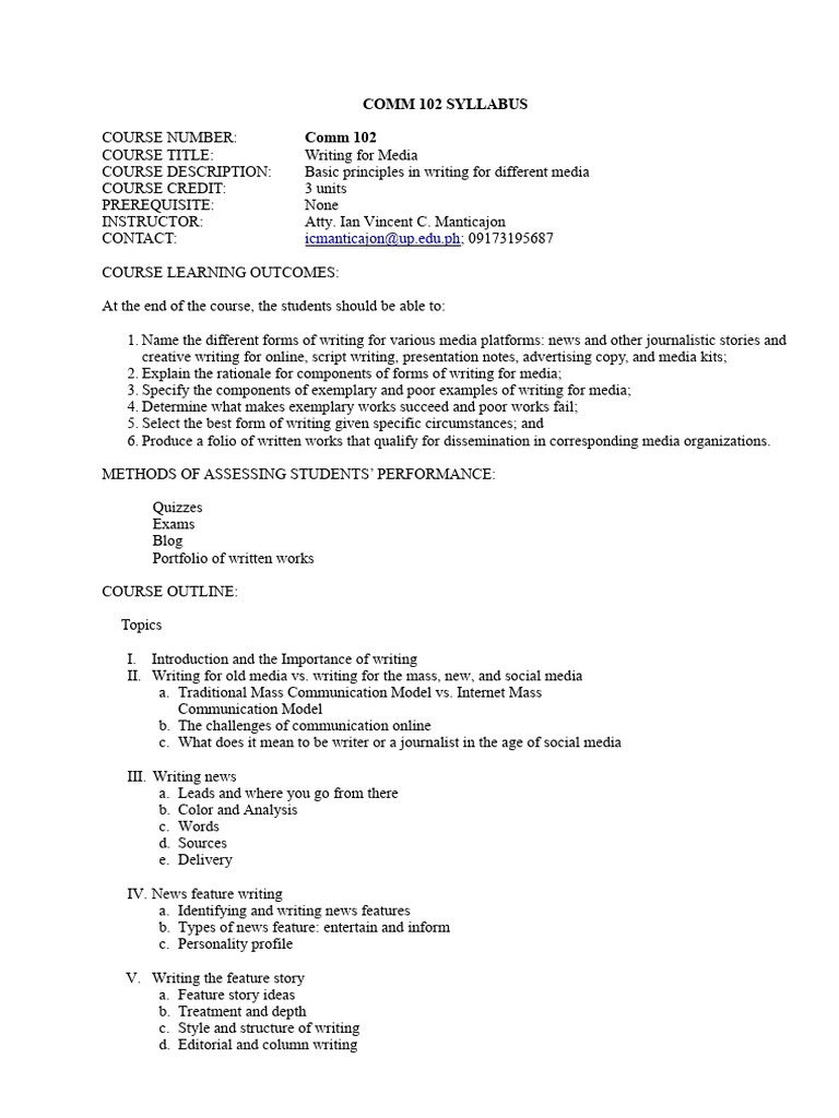 Syllabus - Writing For Media | PDF | News | Human Communication