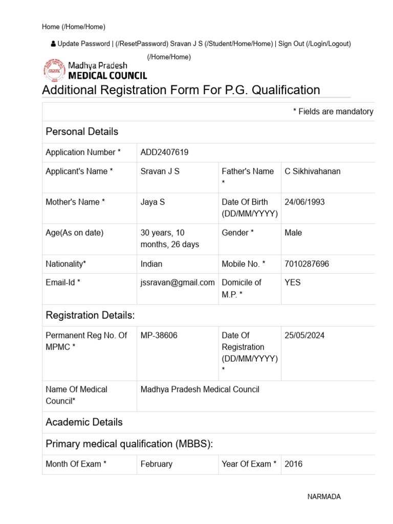 Madhya Pradesh Medical Council PG Application | PDF