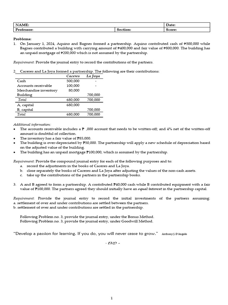Partnership Formation Journal Entries | PDF | Balance Sheet | Business ...