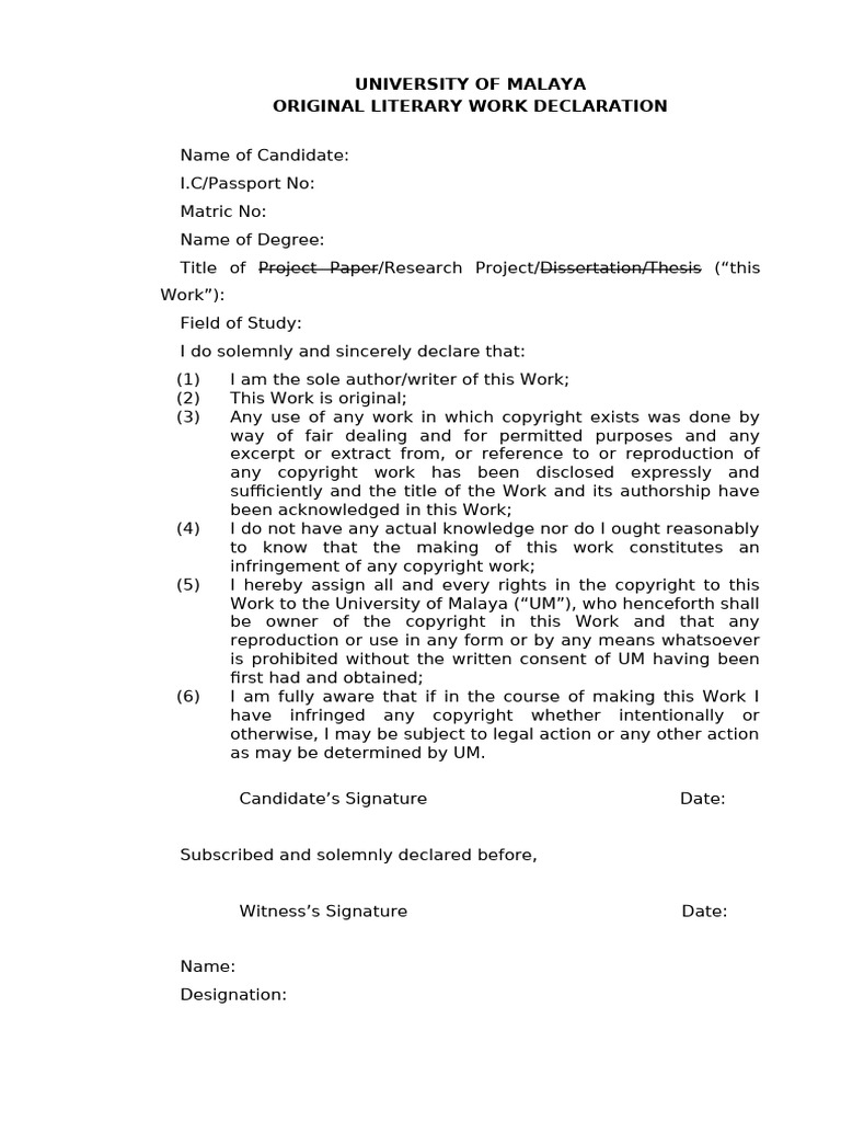University of Malaya Literary Declaration | PDF