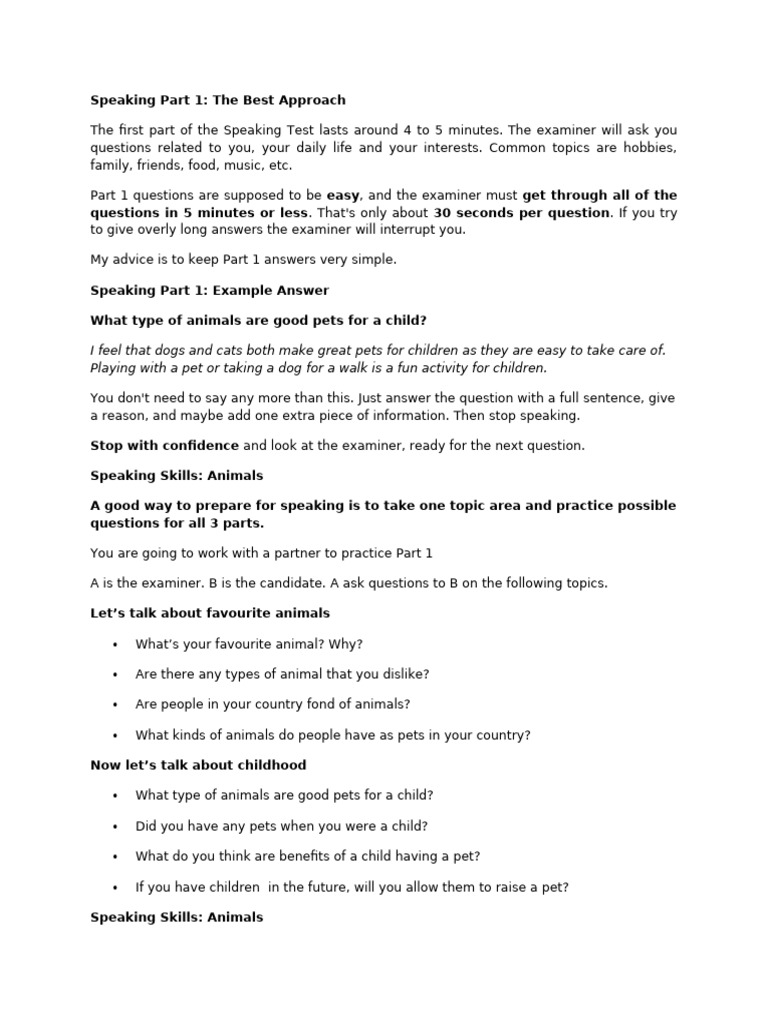 Effective Strategies for Speaking Test Part 1 | PDF | Question | Pet