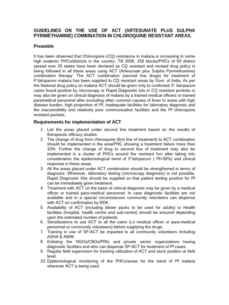 Guidelines on ACT | PDF | Malaria | Medical Diagnosis