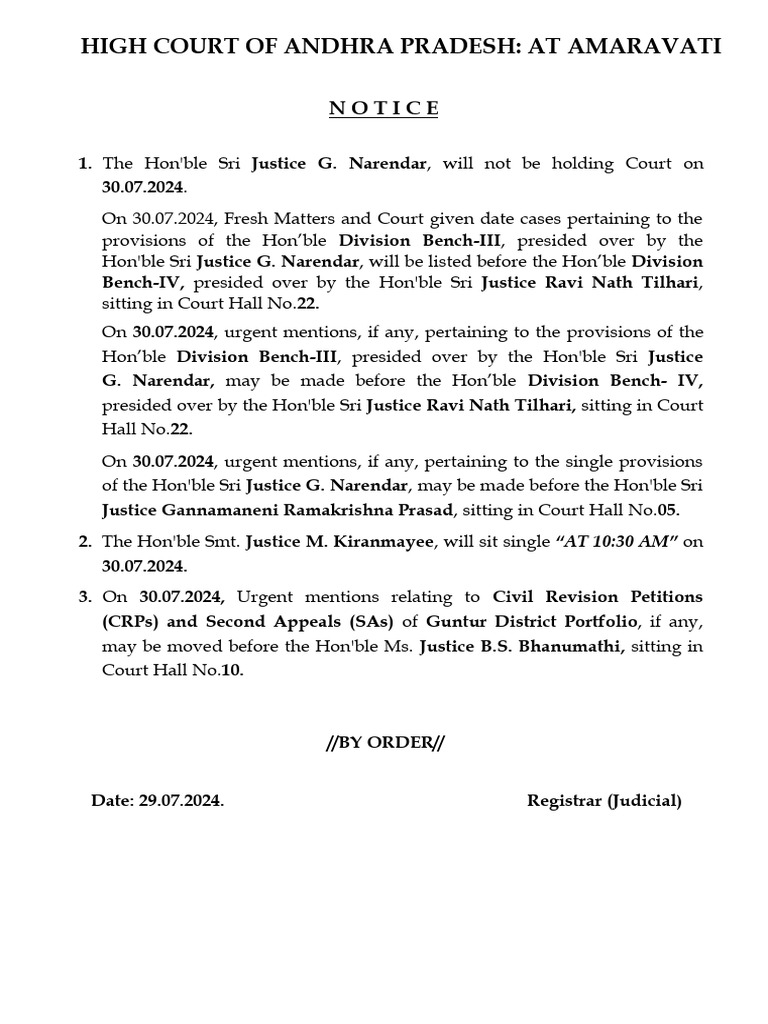 Andhra Pradesh High Court Notice 30.07.2024 | PDF