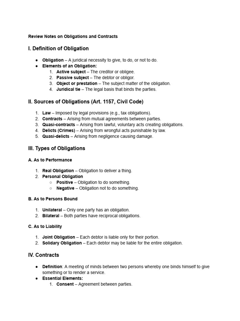 Notes On Obligations and Contracts | PDF | Law Of Obligations | Legal ...