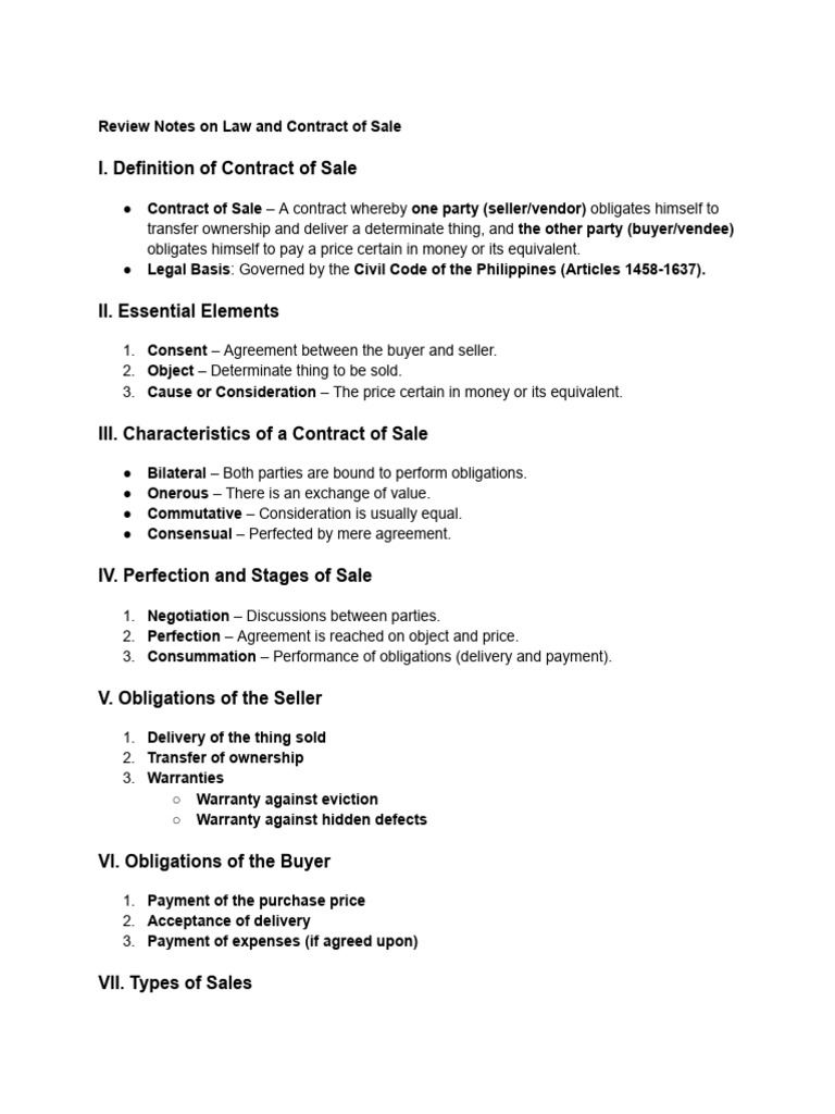 Philippine Contract of Sale Overview | PDF | Legal Remedy | Prices