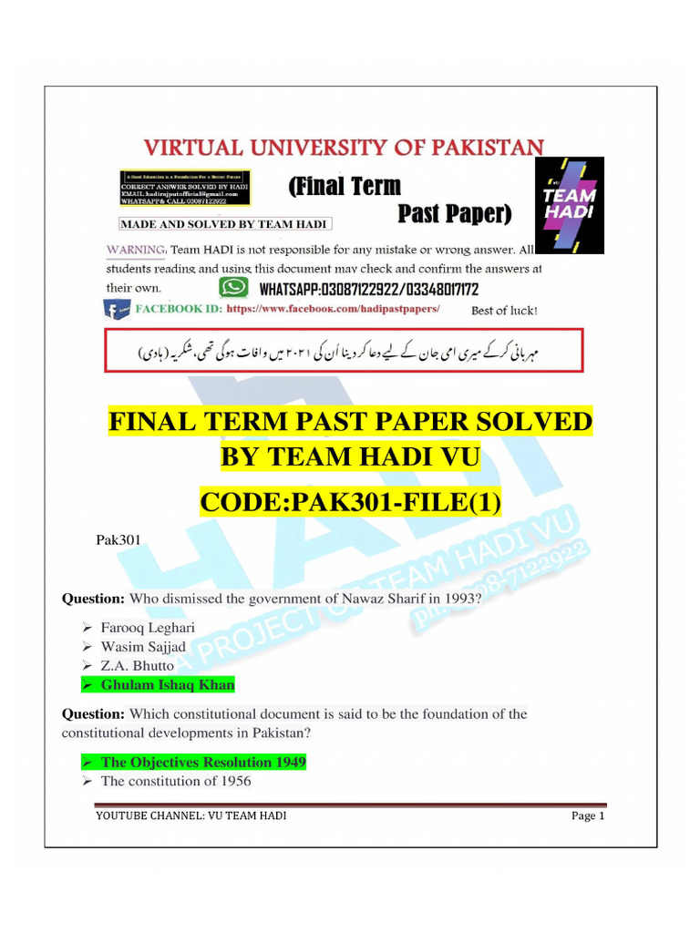 Pak301 Final Term File 8 Solved by Team Hadi | PDF