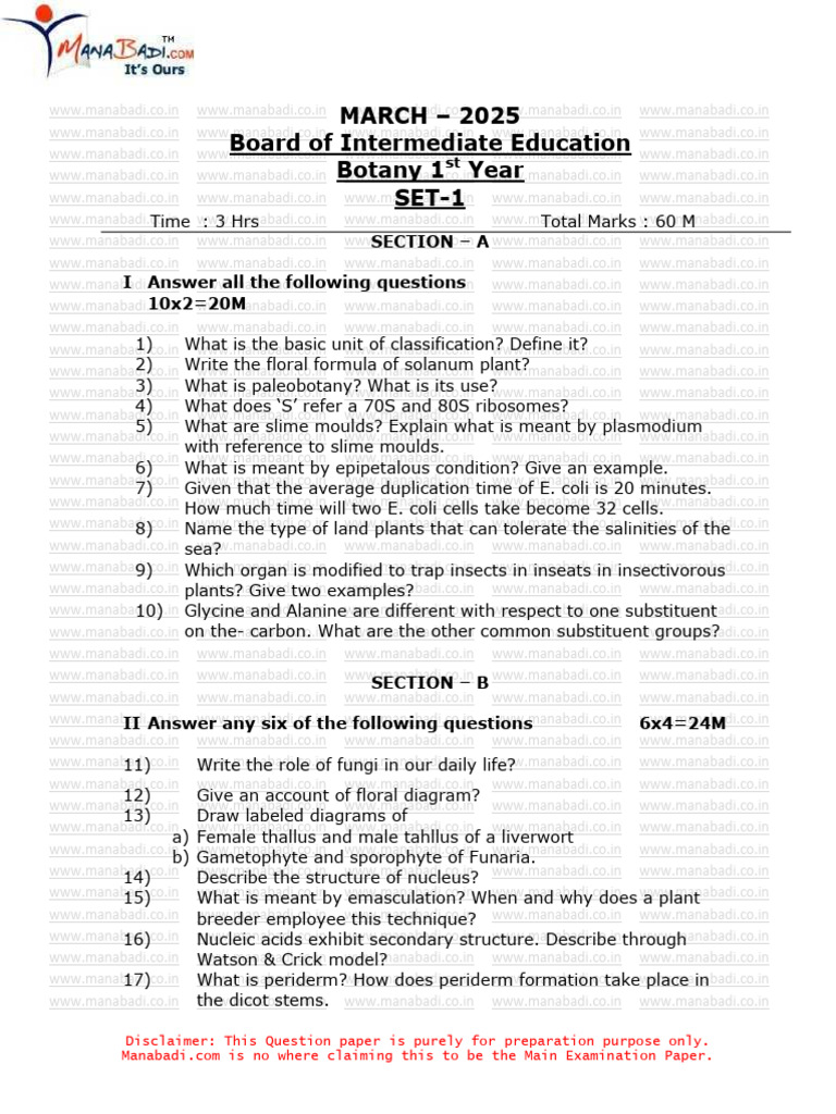 Botany 1st Year Important Questions 2025 | PDF | Plants | Botany