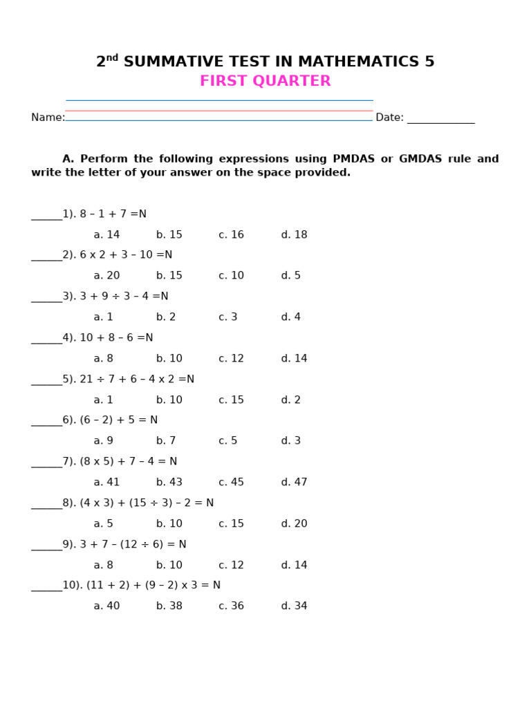 Grade 5 Summative Test in Math Modules 2nd | PDF