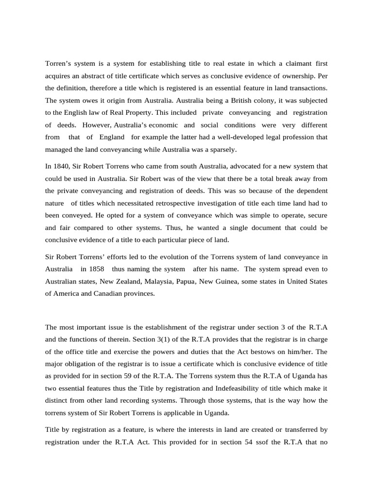 Understanding the Torrens System in Uganda | PDF | Conveyancing | Lease
